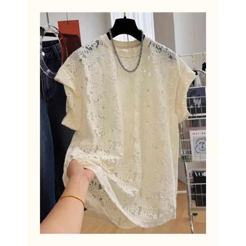 Summer Short-sleeved Lace Shirt for Women Loose Hollow T-shirt Bottoming Shirt Temperament French Fashion Top