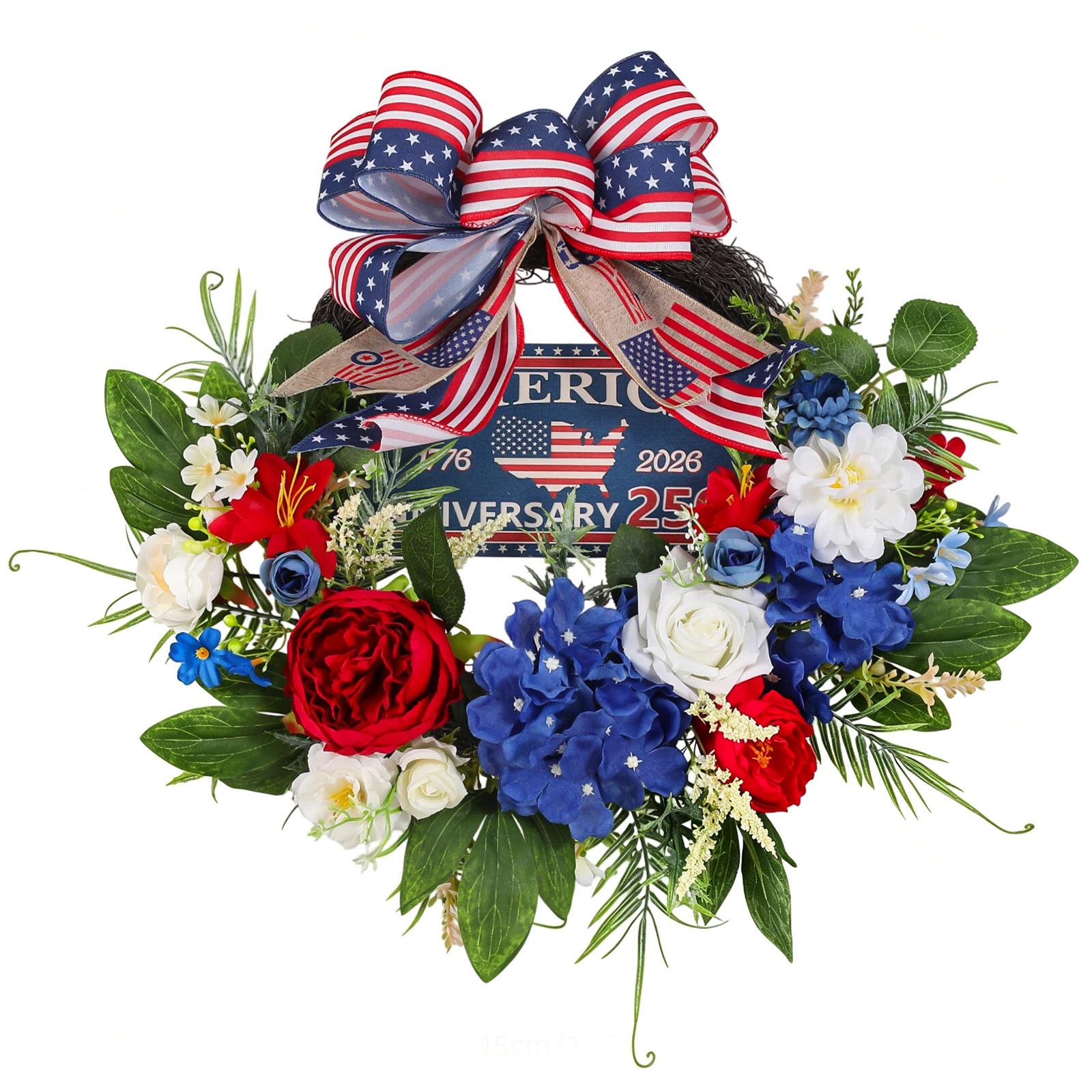 Plastic Patriotic Garland Red White and Blue Small Cabinet Wreaths US Independence Day Wreath for Memorial Independence Day