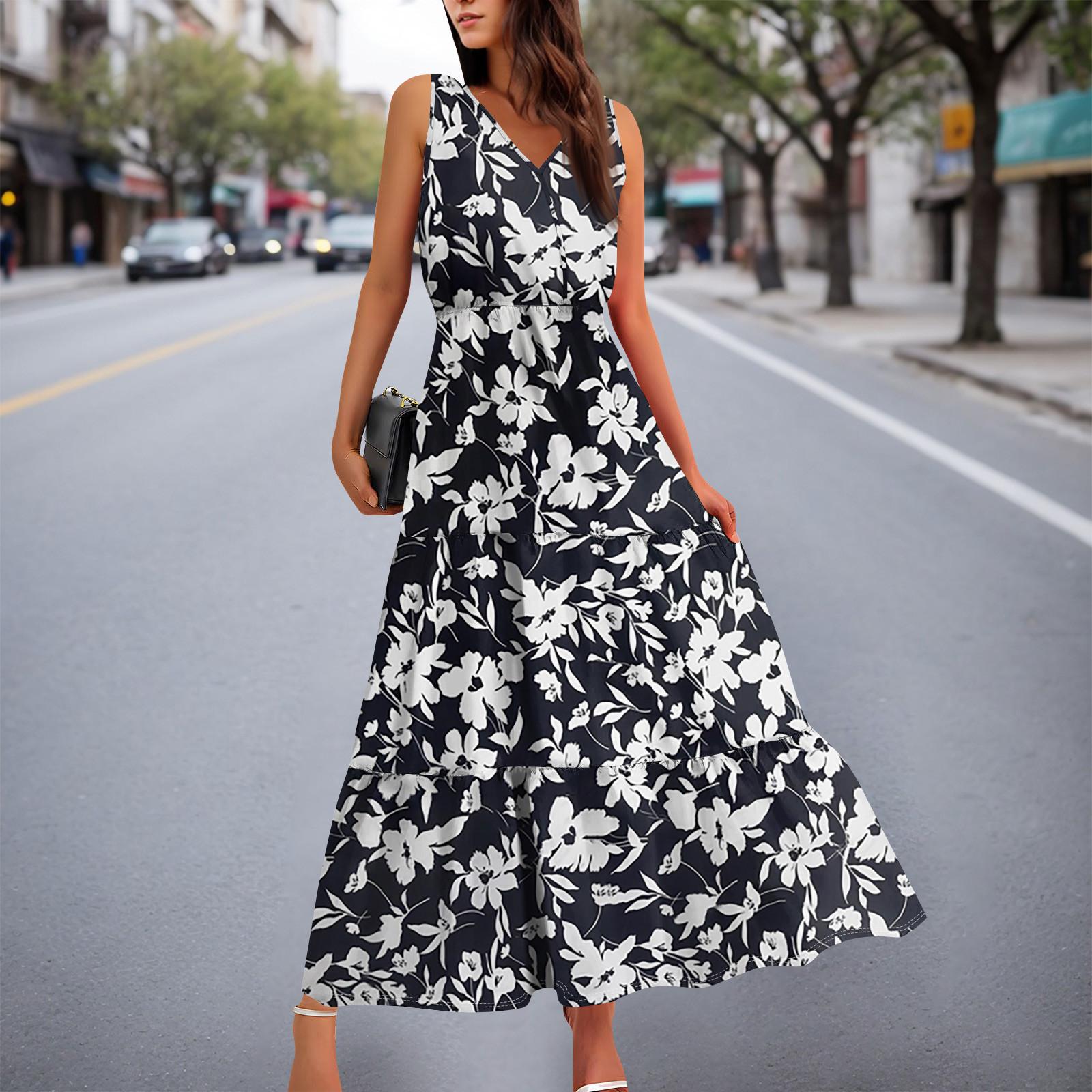 

Женские струящиеся платья Женские летние платья Повседневные длинные платья без рукавов Милые длинные платья с цветочным принтом S чёрный