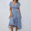 Boho Flowy Summer Floral Maxi Dress for Women V Neck Short Sleeve Wrap Beach Dress Casual Long Dress with Ruffle Hem and Split