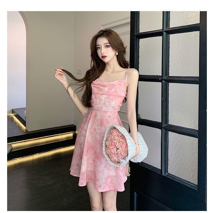Elegant French Floral Camisole Dress Women's Summer Waist-Cinched Chiffon Skirt