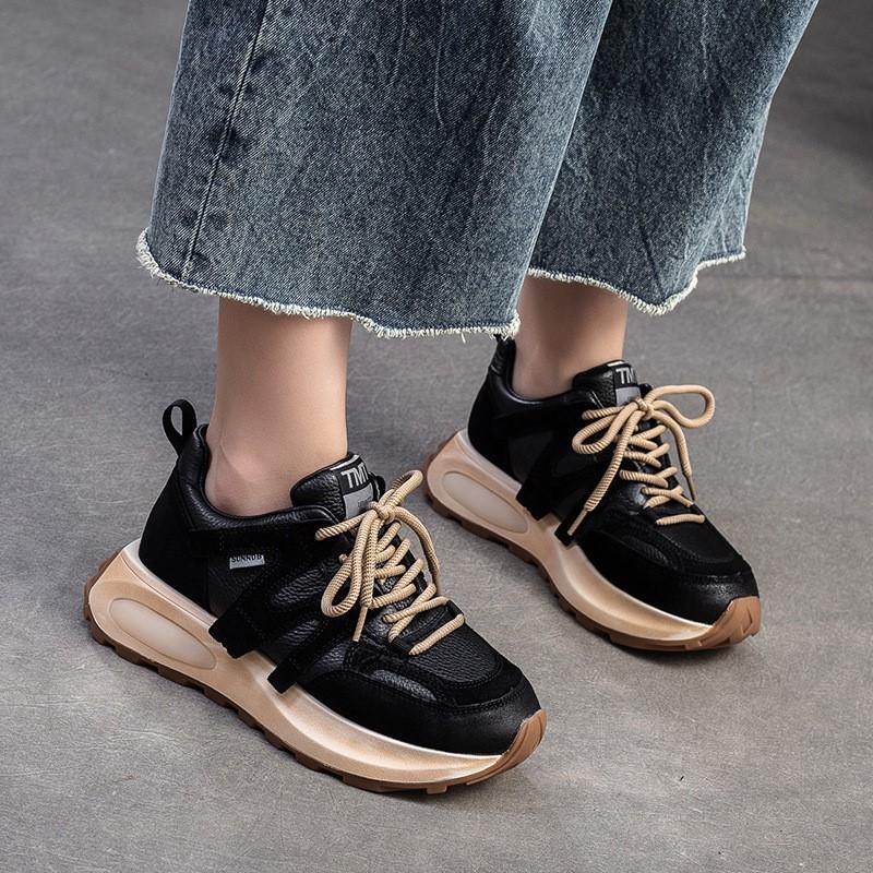 Johnature Zapatillas de deporte de cuero genuino, zapatos deportivos casuales versátiles, zapatos planos con cordones y punta redonda para mujer