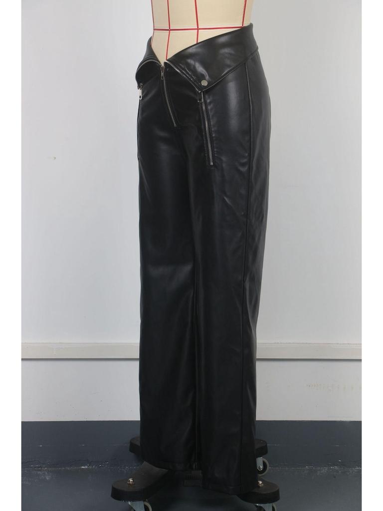 Women's High Waist PU Leather Nightclub Pants with Metal Zipper - INS Style, Winter Straight Leg Design