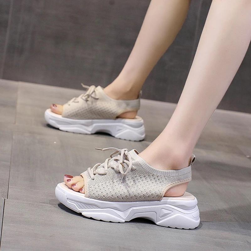 Fashion Shoes for Women 2024 Hot Sale Lace Up Women's Sandals Summer Open Toe Breathable Mesh Solid Platform Casual Comfortable Sandals