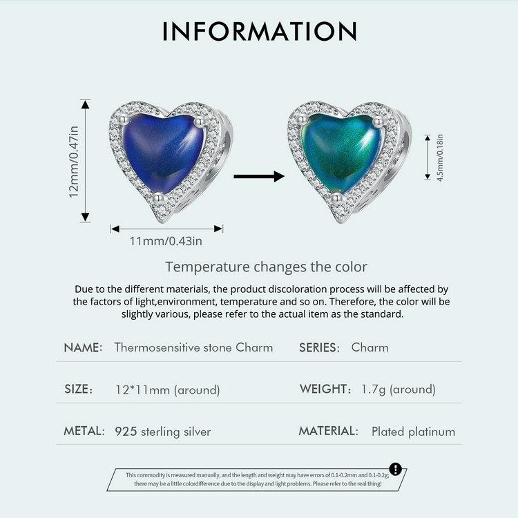 WOSTU 925 Sterling Silver Heart Shape Thermosensitive Stone Charm Beads for Women Girls Bracelet & Bangle DIY Jewelry