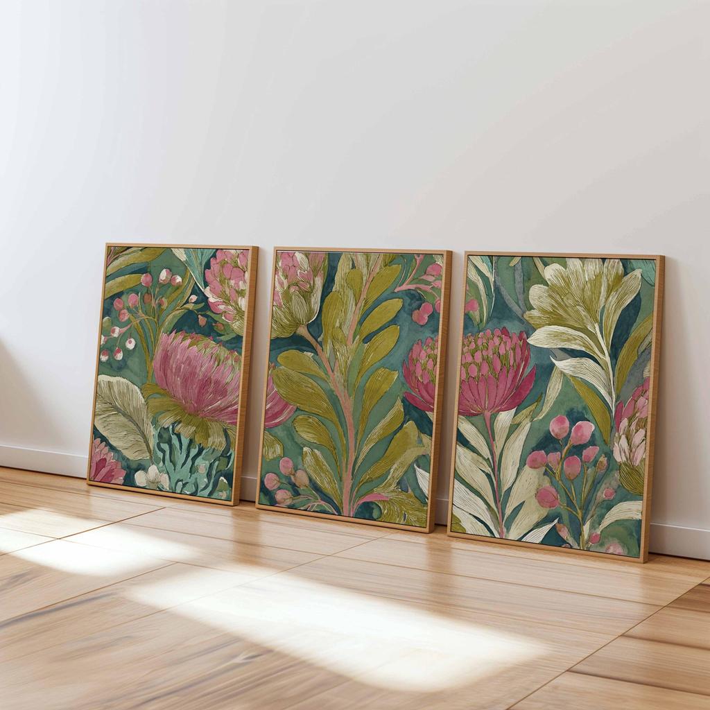 Botanical Wall Art Set of 3 Vintage Protea Floral Prints Green and Pink Nature Art for Living Room or Bedroom Decor Gift Poster