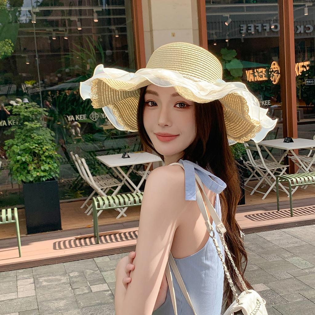 Sweet Bow Straw Hat Women's Summer Eaves Outdoor UV Protection Sunshade Sunscreen Hat Seaside Flower Beach Hat