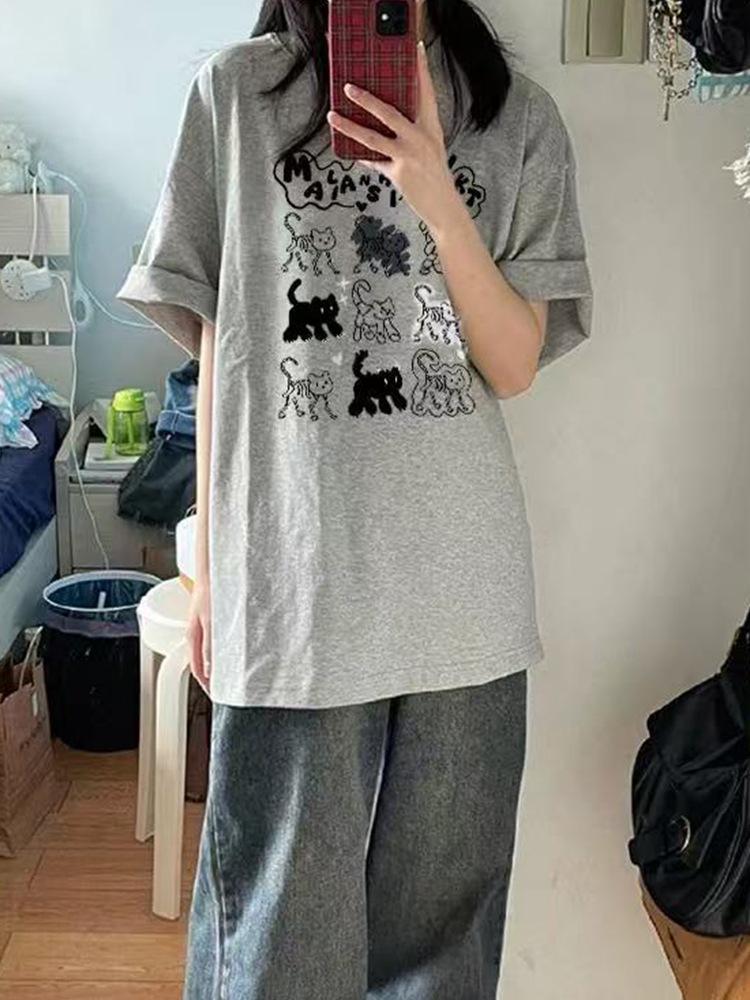 Summer New Niche Cartoon Fun Kitten Printing Design Sense Short Sleeve T-Shirt Women's Casual Loose Versatile Top