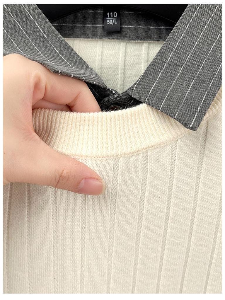 Men's Faux Two-Piece Autumn/Winter Knit Sweater with Shirt Collar - Casual Base Layer for Middle-Aged Dads