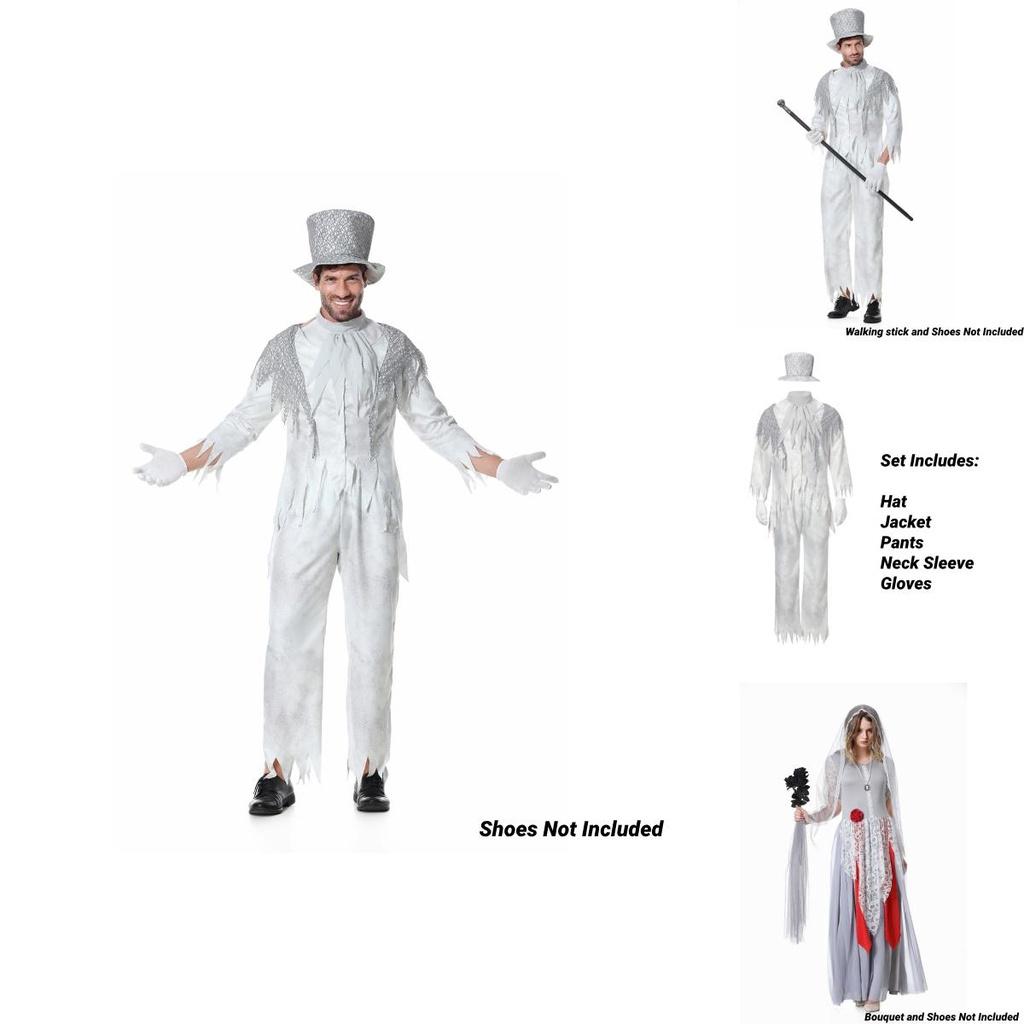 Ymkq Halloween Cos Vampir Karneval Nacht Kostüm Erwachsener Unisex Weiß Geist Braut und Bräutigam Cosplay Bekleidung