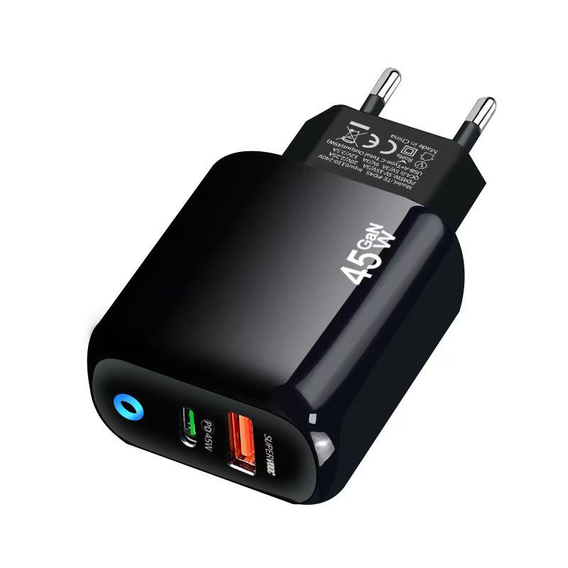 Dual-Port PD45W GaN Fast Charger with International Compatibility and LED Indicator