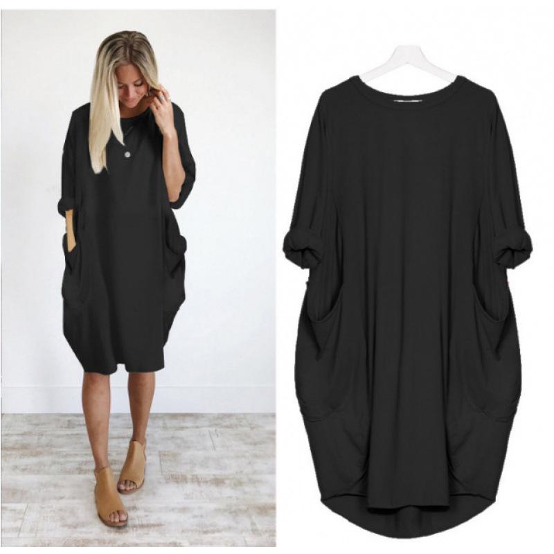 Women's Casual Loose Pocket Long Sleeve Plus Size Dress
