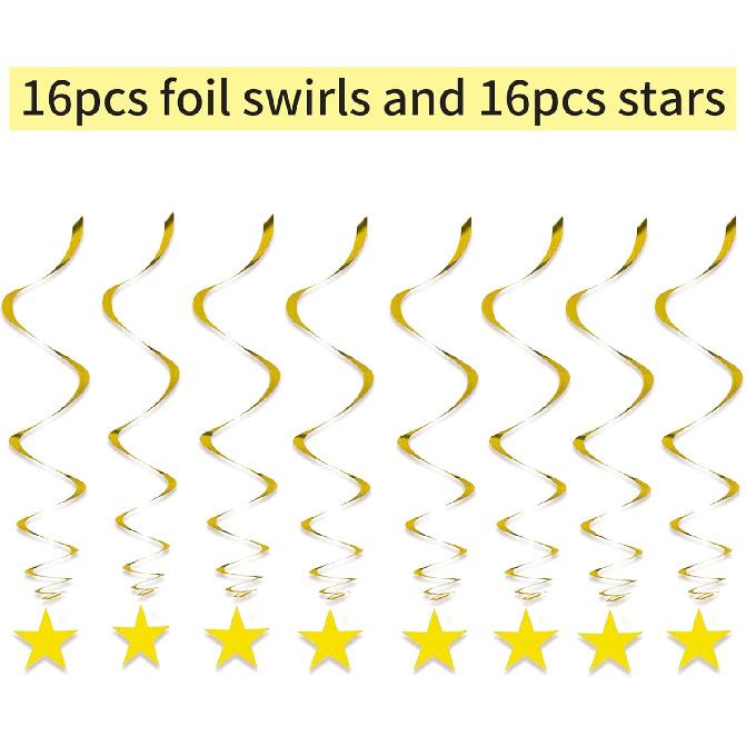 Gold Twinkle Stars Hanging Swirls Decorations Ceiling Swirl Foil Decoration Hanging Gold Party Supplies for Birthday Baby Shower Wedding, 32 Pcs