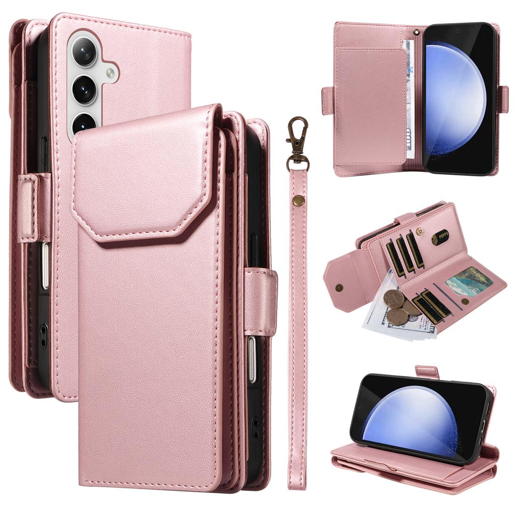 For Samsung Galaxy S24 FE Case with Multi-Card Holder and Strap PU Leather Phone Cover Stand
