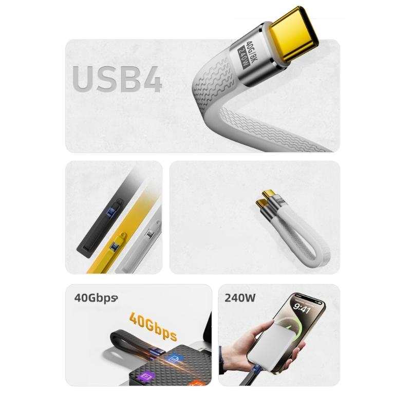 USB4 Cable PD240W Fast Charging 40Gbps Data Transfer Compatible Flexible Design 8K Video Output Aluminum Alloy Texture