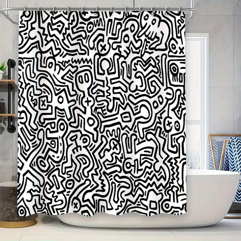 Elegant Black White Graffiti Waterproof Mildewproof Bathroom Curtain Decor Suitable For Wet And Dry Separation Elevate Space