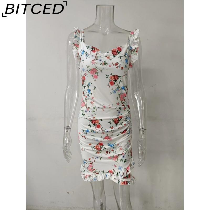 BITCED Summer Women Floral Print Butterfly Sleeve Bodycon Dress Ruffle V Neck Bandage Casual Short Sundress Female Beach Spaghetti Strap Mini Dress