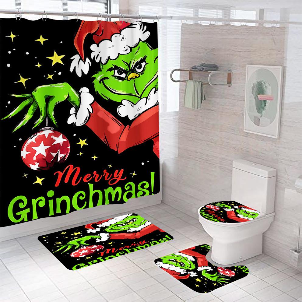 Bathroom Shower Curtain Four-Piece Green Hair Monster Christmas Green Waterproof Shower Curtain Toilet Partition Curtain Bath Mat