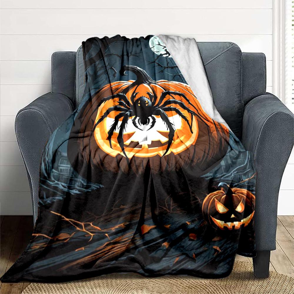 1pc Halloween Pumpkin, Spider Blanket Lightweight Flannel Blanket Throw Blanket For Sofa, Bed, Travel, Camping, Livingroom, Couch, Chair, And Bed Yy25