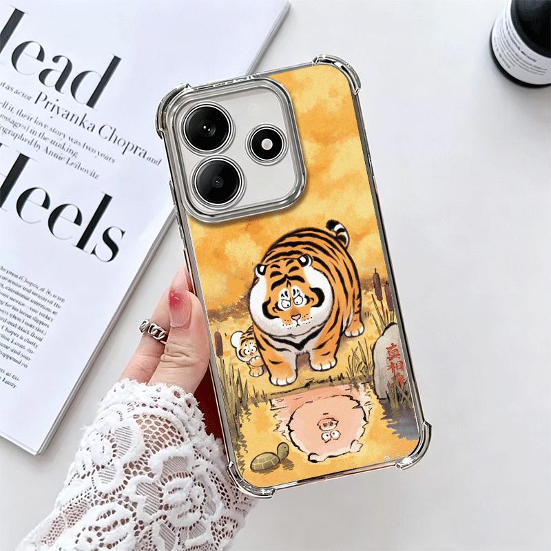 Cartoon Fat Tiger Funny Plating Phone Case For Xiaomi Redmi Note 14 15 Pro Plus 13 12 11 11S 11T 10 9S 9 5G Anti-Fall Airabag Co