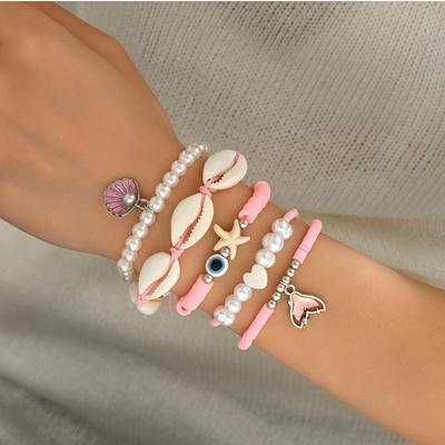 Shell Bracelet Jewelry, Summer Ocean Wind Starfish Jewelry, Pink Soft Pottery Pearl Bracelet for Women