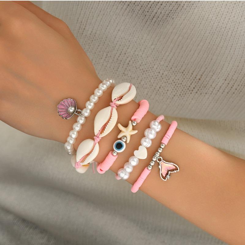Shell Bracelet Jewelry, Summer Ocean Wind Starfish Jewelry, Pink Soft Pottery Pearl Bracelet for Women