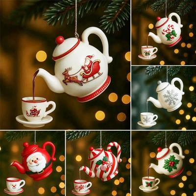 Christmas Teapot Ornament Holly Vintage Tea Cups And Pot Set Xmas Tree Hanging Ornaments 2D Acrylic Teapot Decor with Pouring