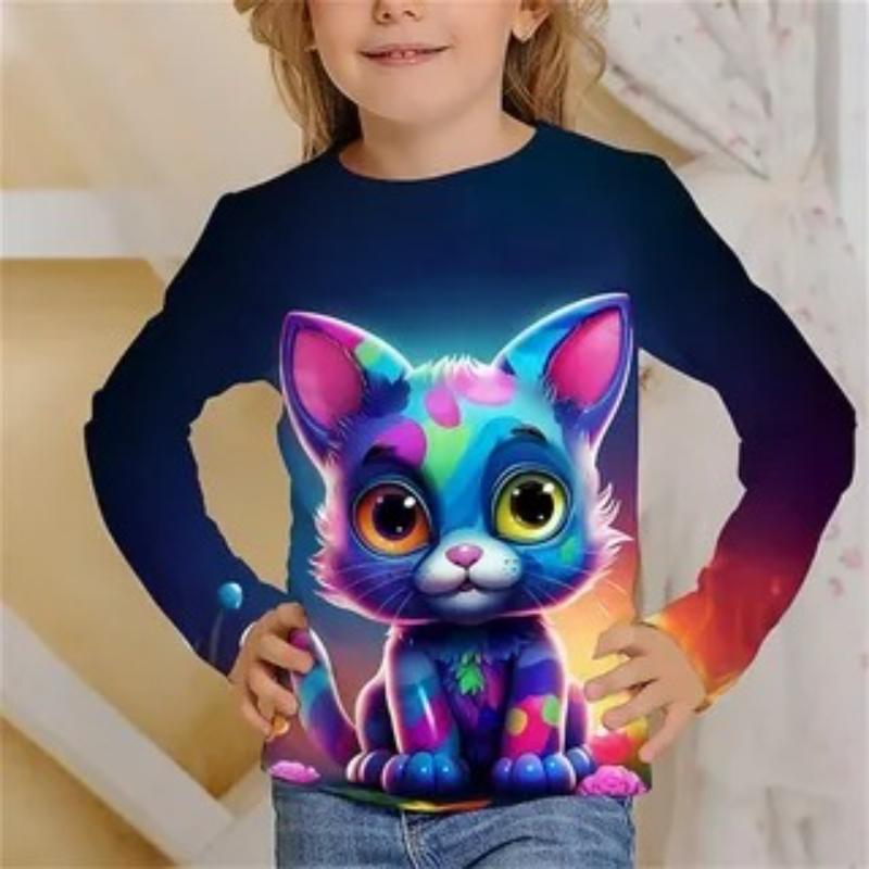 Children's Cartoon Animal Cat Dog Print Colorful Cute T-shirts Boys Long Sleeved Fashionable Soft Comfortable Top