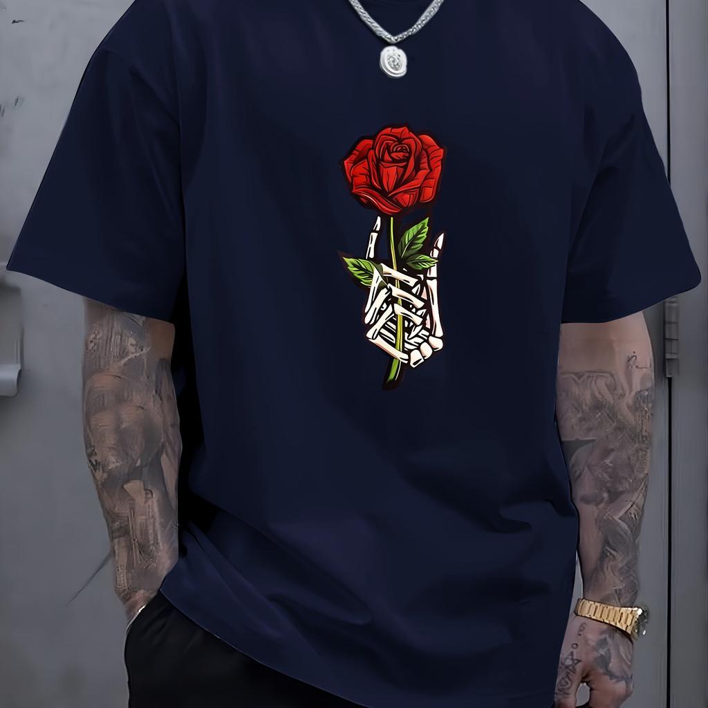 Skeleton Hand Rose Graphic Unisexs Casual Cotton Crew Neck Tshirt Summer Short Sleeve Tee