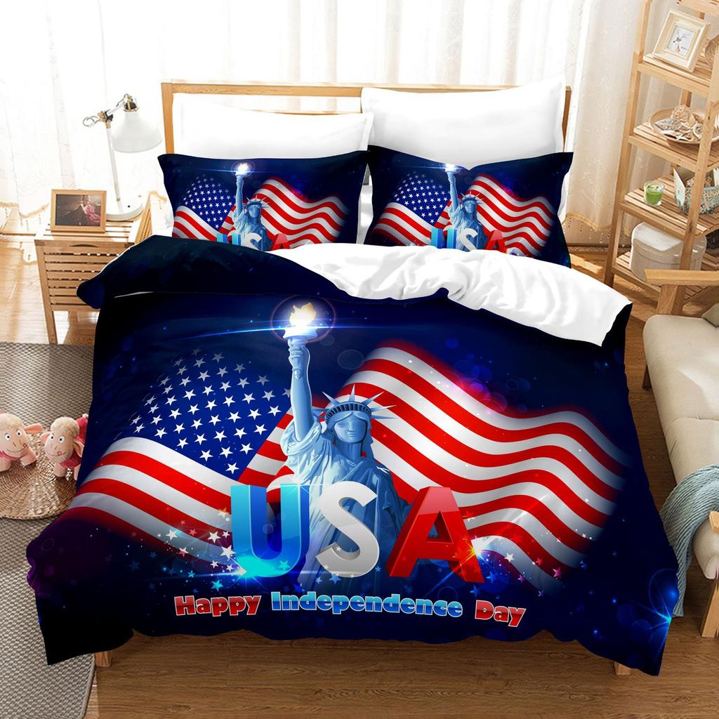 3pcs Bedding Set Independence Day Print Duvet Cover Set Single Double King Size Bed Set for Adult Home Bedroom with Pillow Case