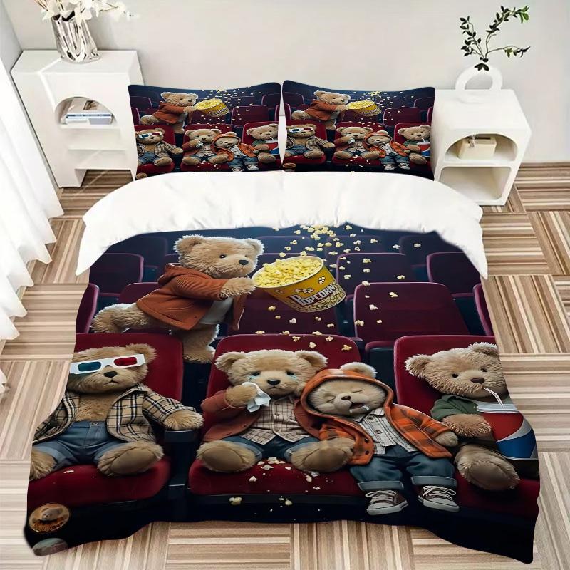 3pcs Anime Teddy Bear Popcorn Movie Night Bedding Set - Includes One Quilt Cover and Two Pillowcases (No Core) - Perfect for Bedroom and Gue