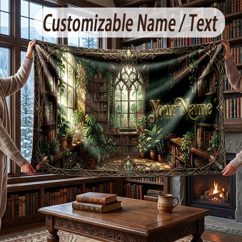Nature Library Travel Theme Throw Blanket Custom Name Text Personalized Blanket Soft Cozy Blanket for Home Sofa Bed