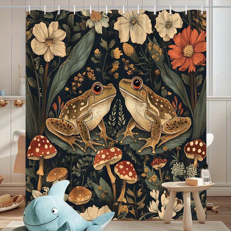 Zahradní sprchový závěs Žába a houba Veselý design v zemitých barvách, Barevné houby a listy, Omyvatelný polyester