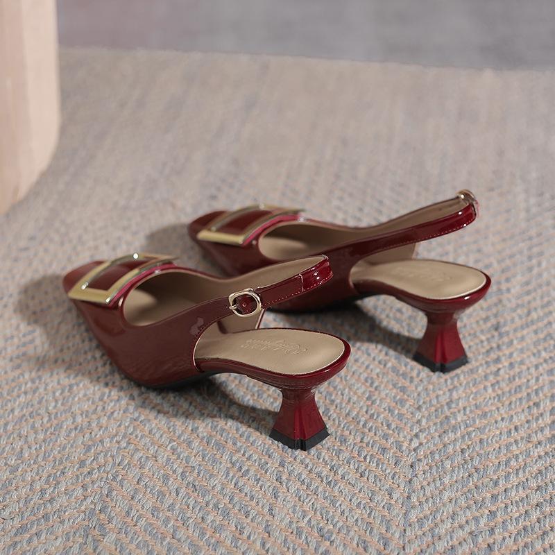 French Niche Baotou Sandals 2025 New Summer Patent Leather Square Head Empty Single Shoes Square Buckle High Heels Stiletto