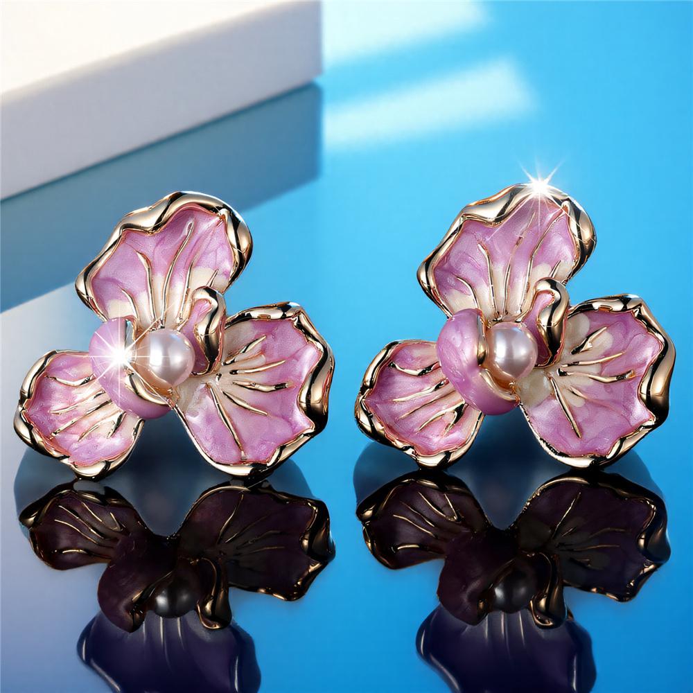 Cute Female White Pearl Purple Enamel Gold Color Flower Stud Earrings Lovely Bridal Wedding For Women