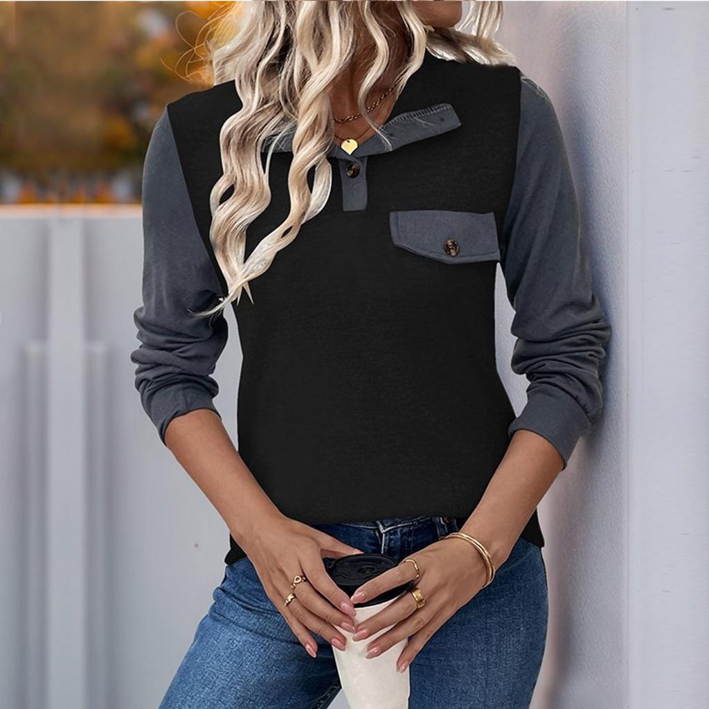 Women's Contrast Color Stitching Top Pullover Lapel Button Casual All-match Top