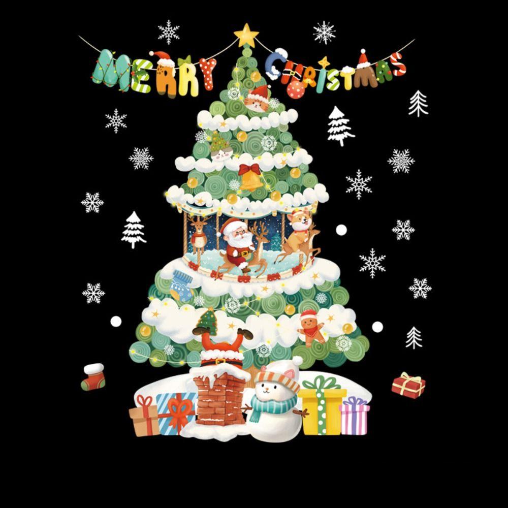 Cartoon Shopwindow Decals Santa Clause Reindeer Xmas Tree Sticker  Festival