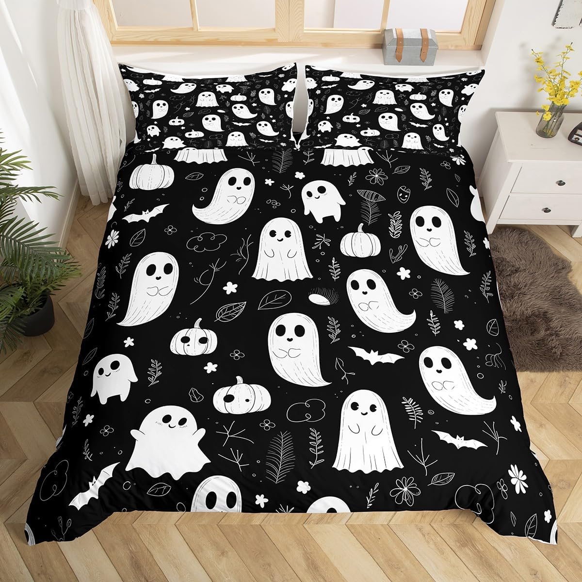 

Halowen Ghost Soft Duvet Cover Kawai Carton Ghost Beding Set Twin Quen for Young Boys Girl Rom Decor Hapy Halowen Warm Comforter Cover 120*200cm Single