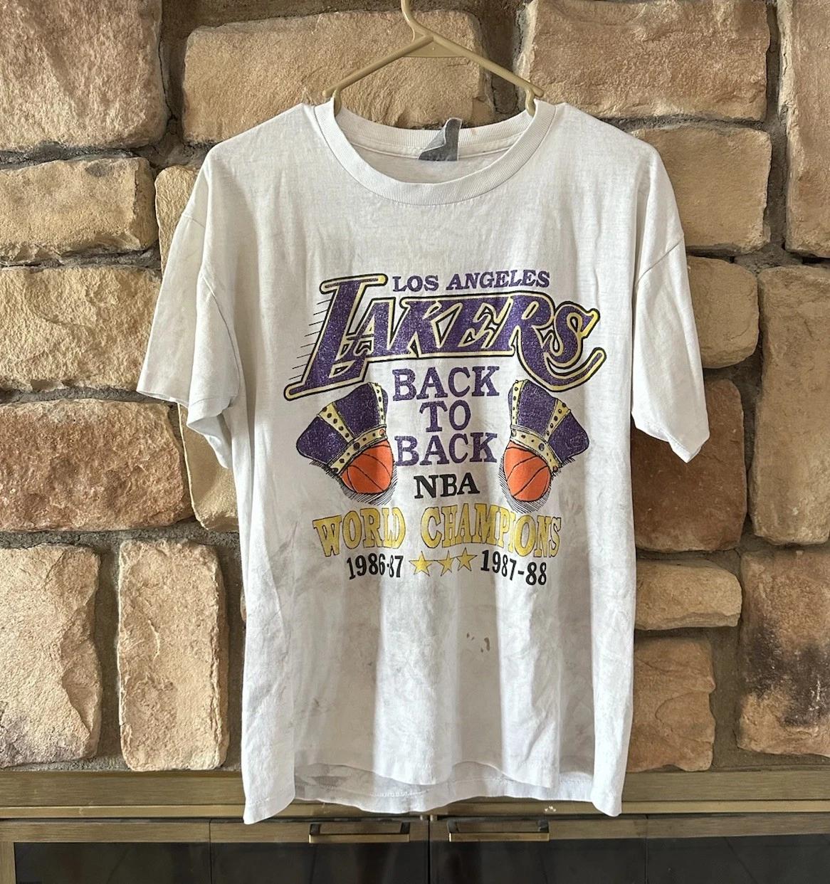 VTG 80s LA Lakers Basketball BACK TO BACK World Champs T Shirt Size M Stained SS M