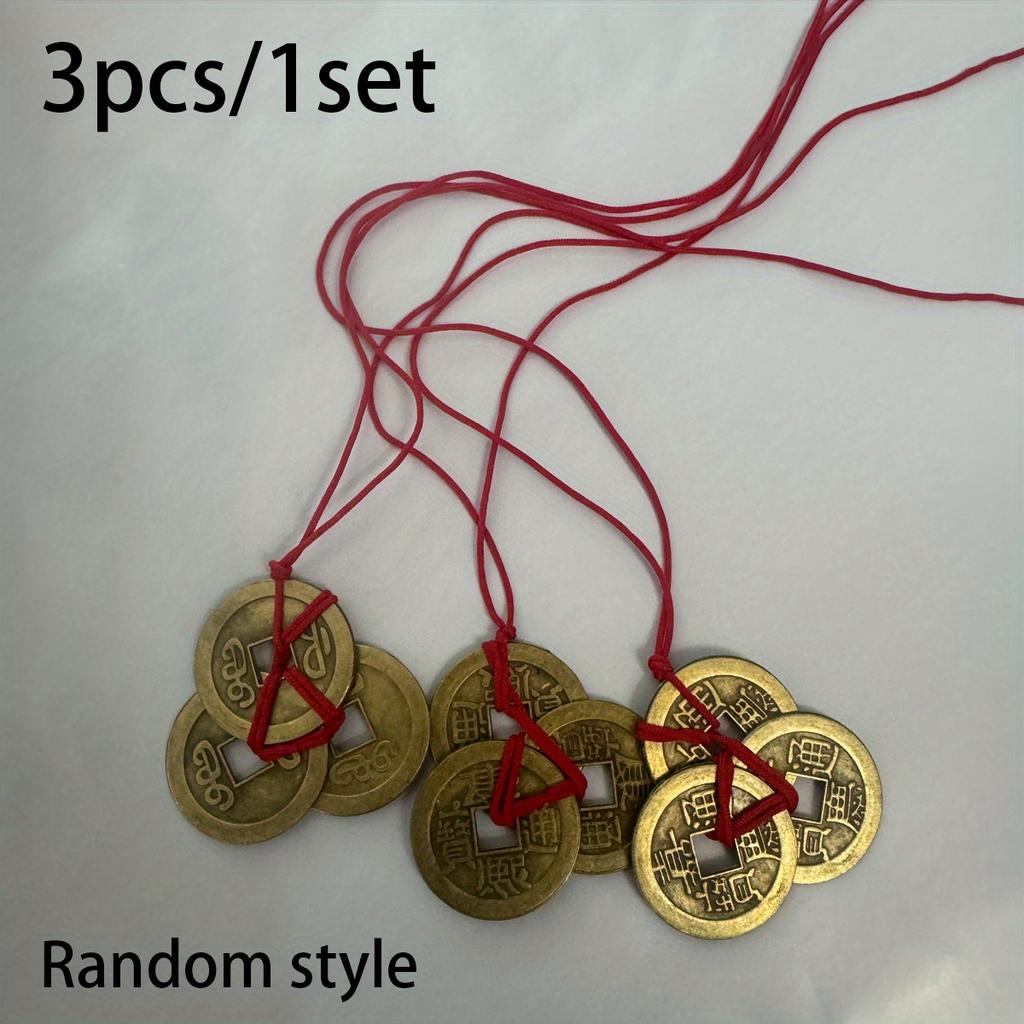 3/9pcs Retro Chinese Traditional Red Rope Lucky Coins-Antique Brass Feng Shui Decorative Pendant, Feng Shui Decoration,New Year