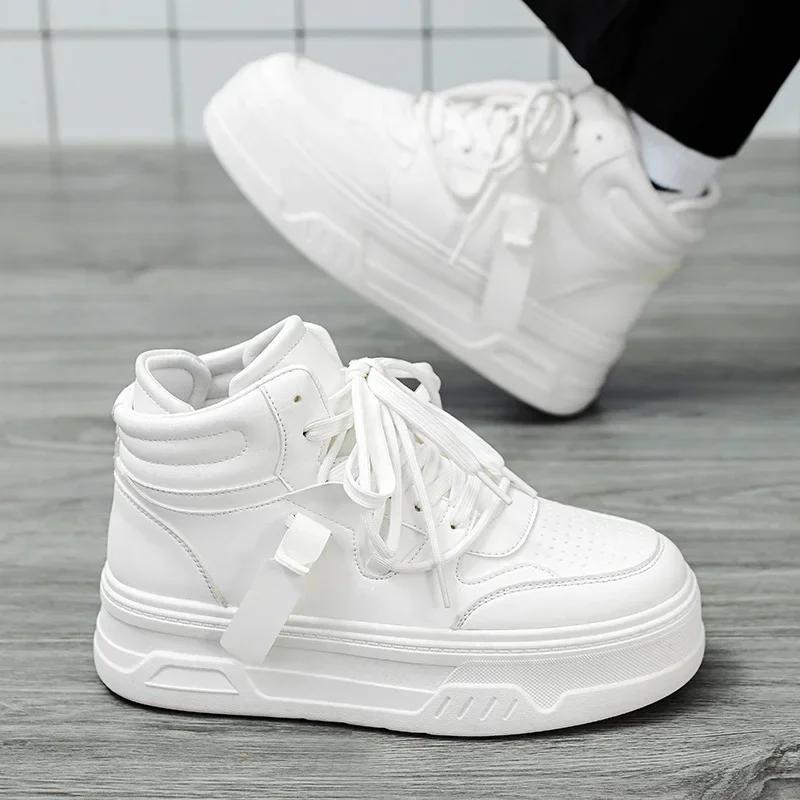 Fashion Trendy Little White Shoes Men's Latest High Collar Thick Sole Breathable Board Shoes High Height Sports and Casual Shoes