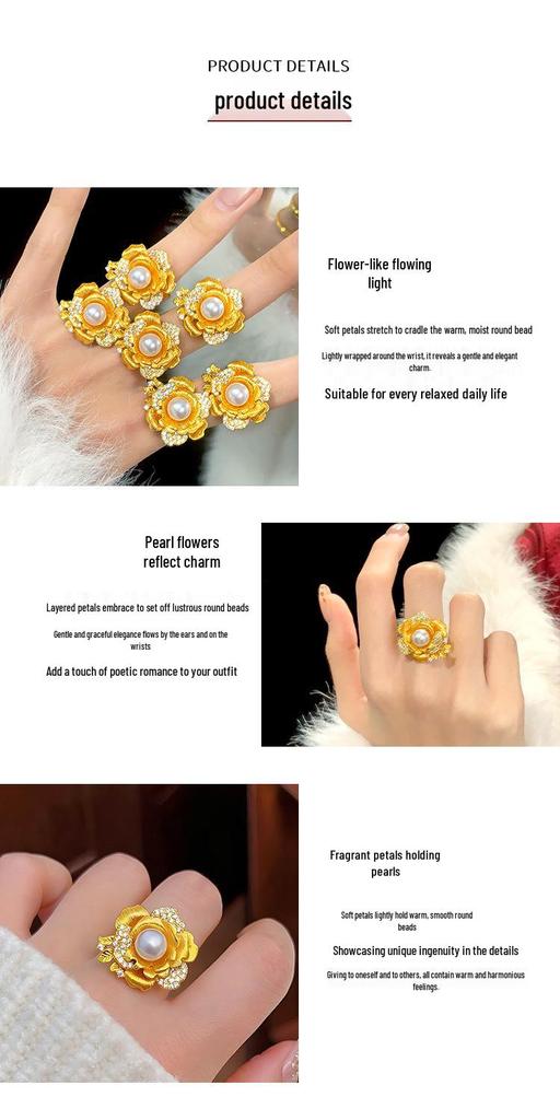 Rose Flower Ring: Gold-tone, Faux Pearl, Diamond Accent, Adjustable Index Finger Jewellery