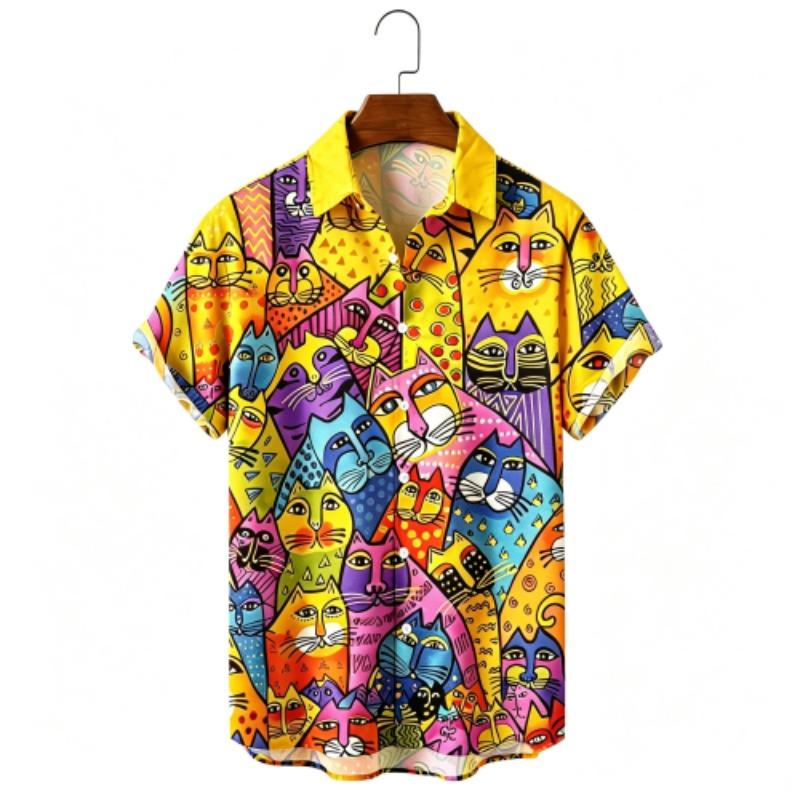 Summer Fashion Funny Colorful Cartoon Cat Printing Shirt Hawaiian Beach Vacation Clothing Men's Street Style Shirt Daily Men's and Women's Shirt