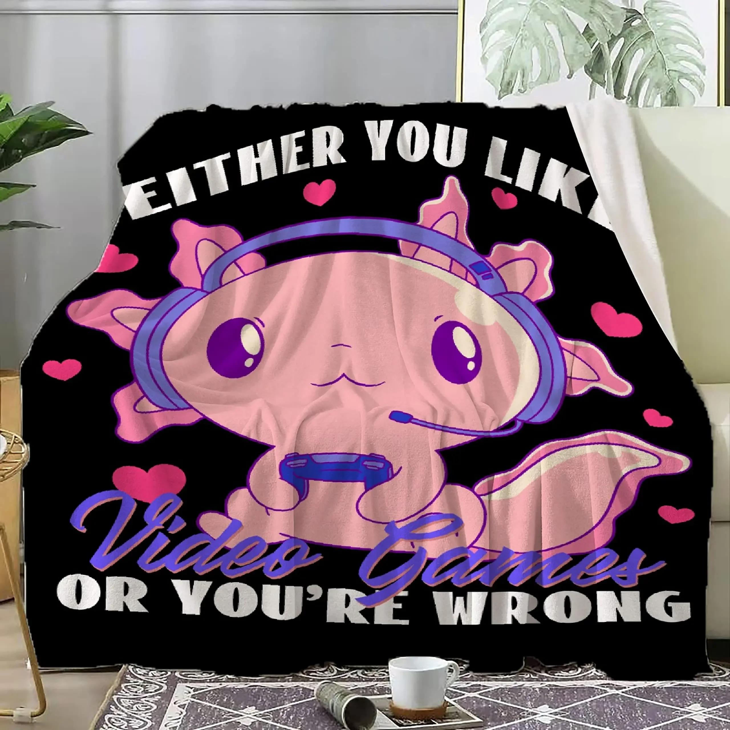 3D Print Cute Axolotl Blanket Soft Sofa Cover Throw Blanket Fleece Tapestry Lightweight Warm Bed Blankets for Bedroom Couch 75x90cm