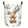 1 Cute Teddy Bear Watercolor Balloon Pattern Foldable Round Storage Basket - Canvas Laundry Basket with Sturdy Handles, Suitable for Room Organization