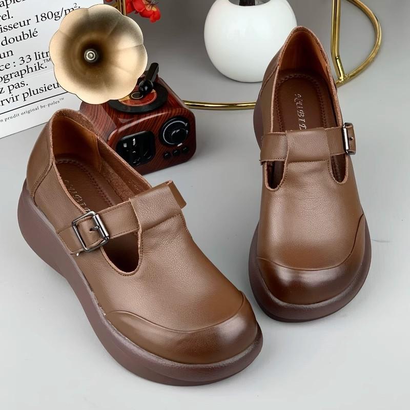 Leather Wedge Single Shoes Women's Spring Cowhide Versatile Solid Color Middle-aged and Elderly Leather Shoes Retro Round Head Platform Women's Shoes