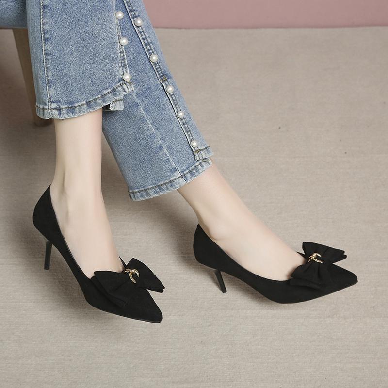 Black High Heels, Slim Heels, 2025 New Suede Pointed Temperament Women's Shoes, Rhinestone French Style Girls' Single Shoes
