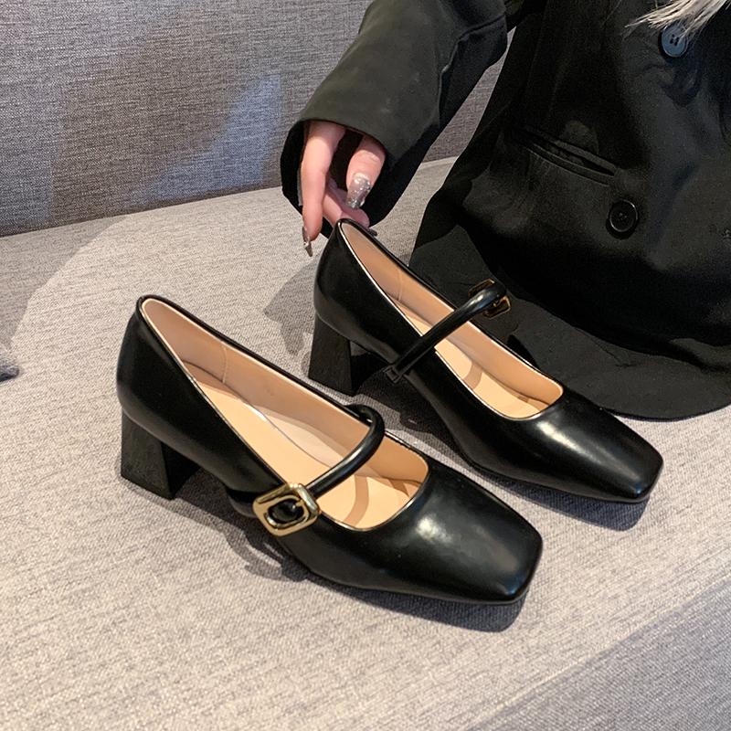 

Fashion 2025 New Fashion Solid Color Women s Strap Heel Single Shoes Square Heel Versatile Professional Women s Shoes Zapatos De Mujer 35 чёрный