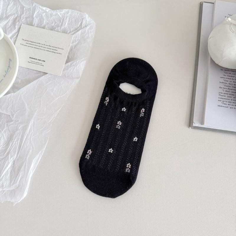 Summer Lightweight Mesh Boat Socks for Women with Floral Patterns, Shallow Cut, Invisible Design, Anti-slip, Non-slippery, Breathable Short Socks