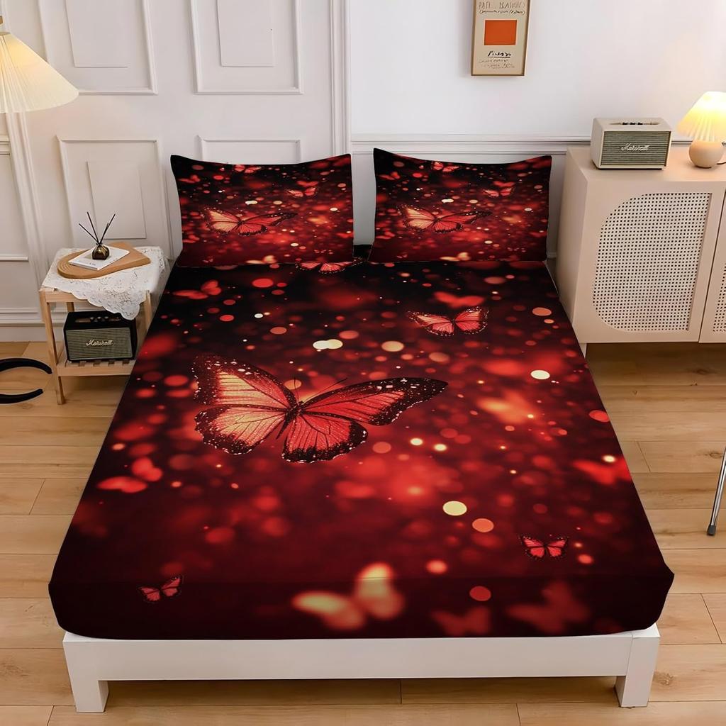3D Butterfly Single Fitted Sheet Blue Printed Bed Sheets 30 cm Deep Fitted Sheets Soft Microfiber Bedding Set with Pillowcase